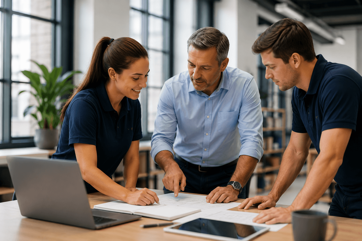 A business representative discussing recruitment plans with two colleagues